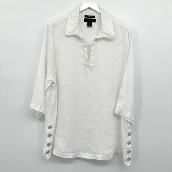 Tahari Top Shirt 1X Boho 3/4 Sleeve 100% Linen Beachy Coastal Lagenlook Popover - Picture 1 of 13
